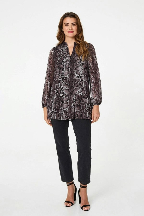 Black | Printed Long Sleeve Frilled Tunic Shirt
