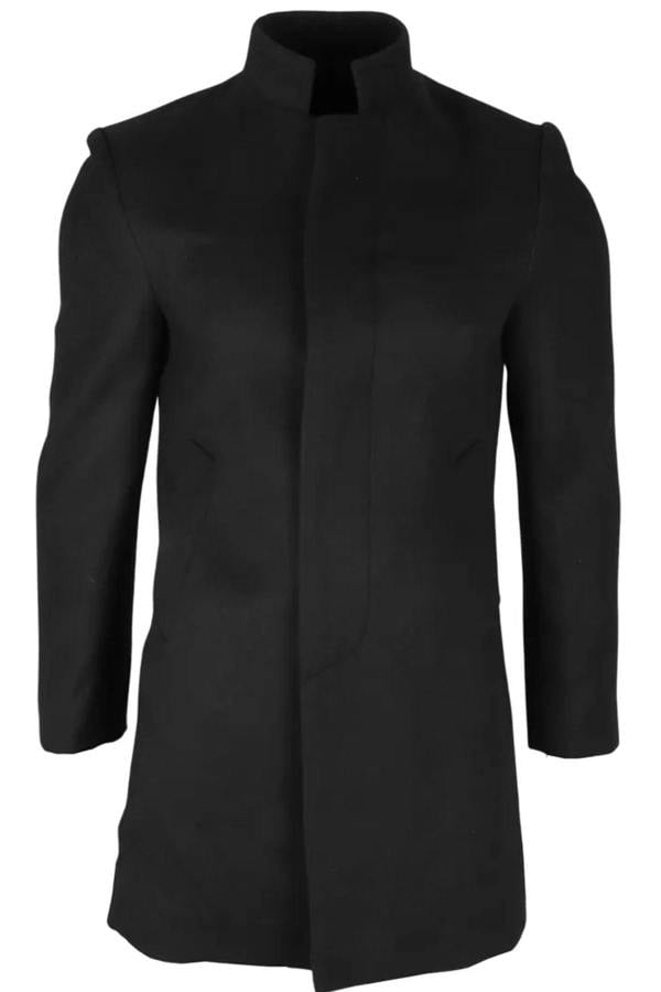 Infinity Leather Men's Black Stand Collar Wool Blend Overcoat
