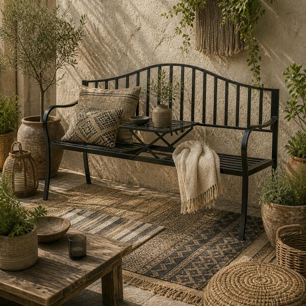 Wyld Haus Metal Black Garden Bench With Integrated Side Table 150 cm