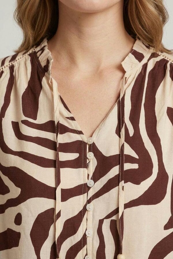 Izabel London Abstract Long Sleeve Tie Neck Shirt