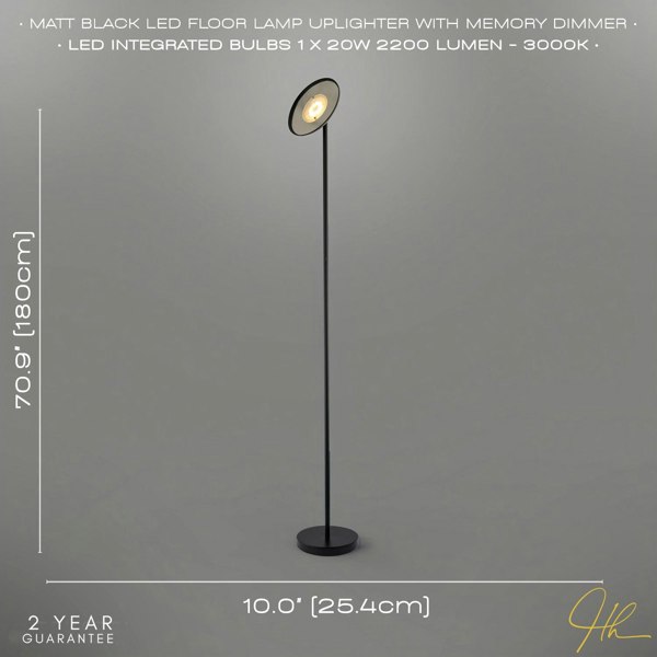 Designer LED Uplighter Metal Floor Lamp in Matte Black with Memory Dimmer Button Image 6