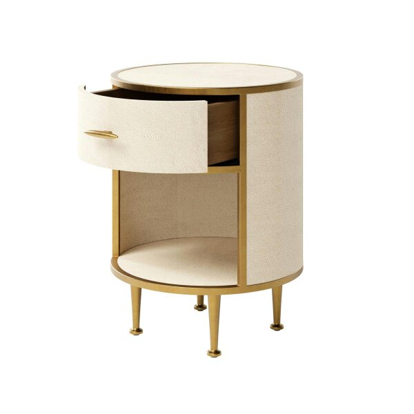 Wyld Haus Treviso Ivory Faux Shagreen Round Bedside Table with Drawer
