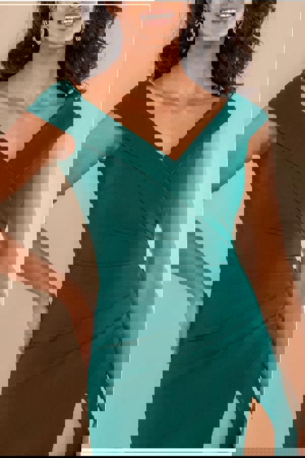 Scuba Crepe Off Shoulder Front Split Maxi Dress - Emerald Green DR2930SC