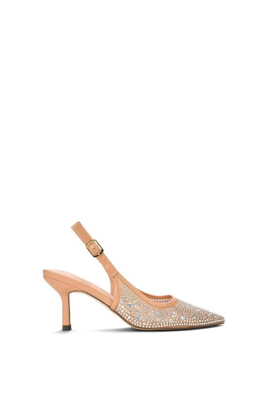 XY LONDON Diamante Slingback Court Shoes With Low Kitten Heel - Beige