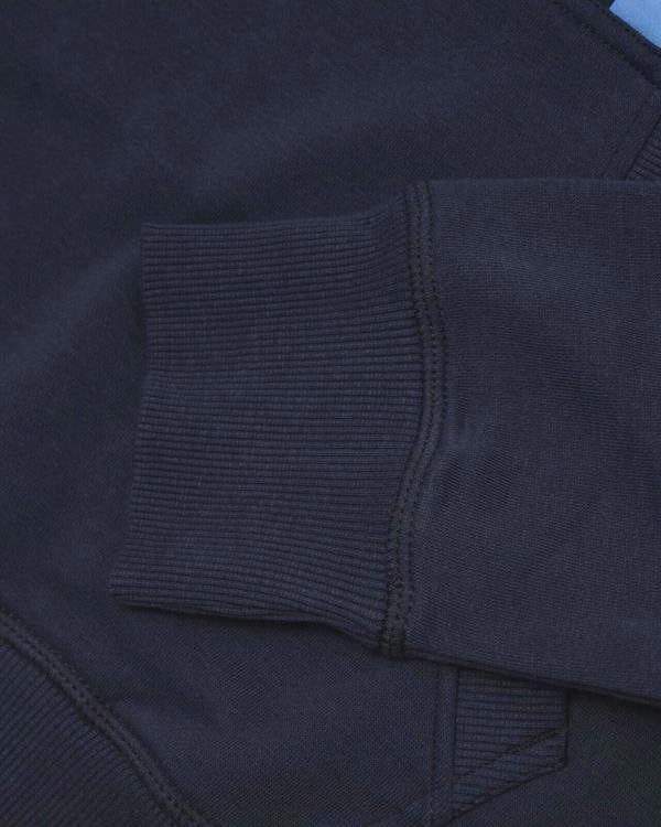 Lambretta Mens Racing Stripe Pull Over Sweatshirt Hooded Hoodie, close-up of navy blue hoodie fabric and ribbed cuff detail.