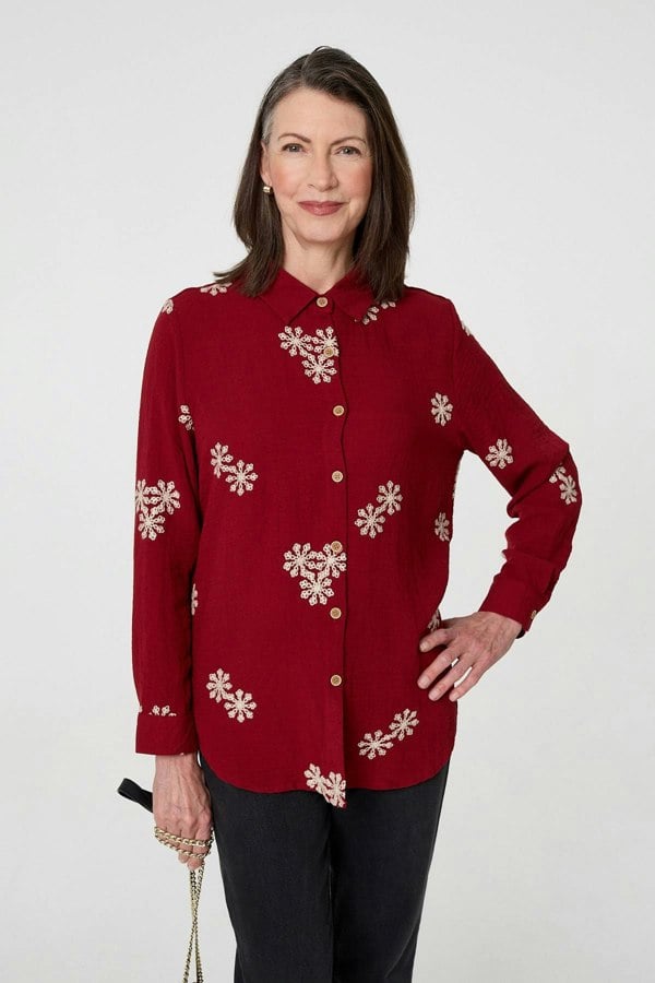 Burgundy | Snowflake Embroidered Long Sleeve Shirt
