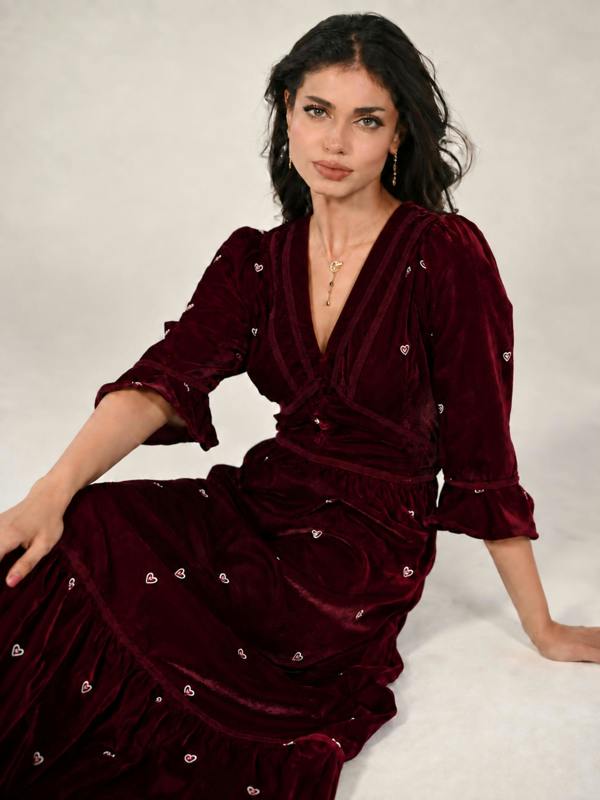 Rose & Nancy Giselle Burgundy Embroidery Velvet Midi Dress