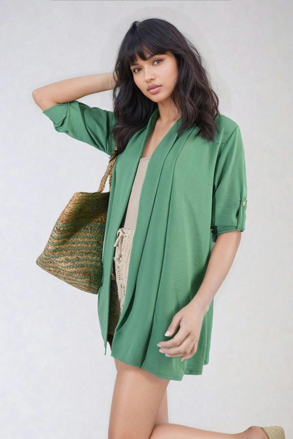 Vivian Open Front Roll Up Sleeve Cardigan - Green