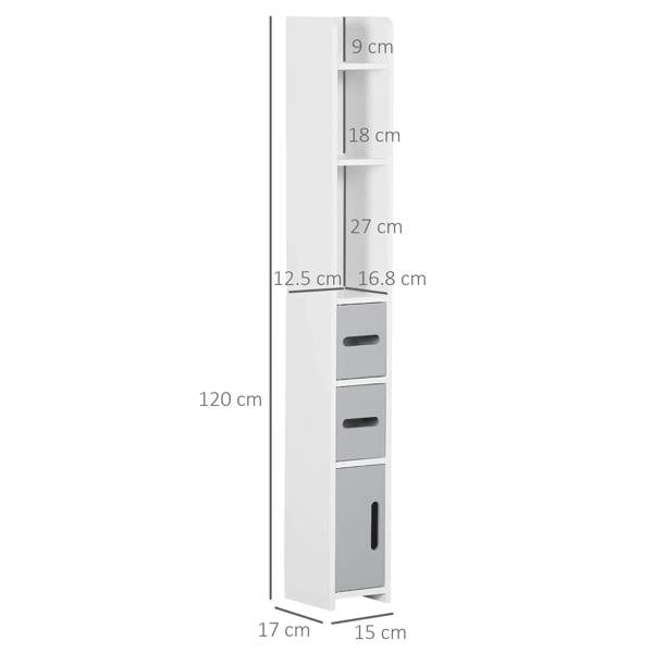 Tall bathroom storage cabinet with open shelving and three lower compartments, size 120 cm