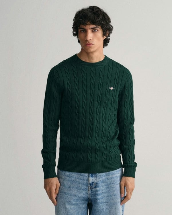 GANT Mens Cotton Cable Knit Crew Neck Jumper - 374 Tartan Green