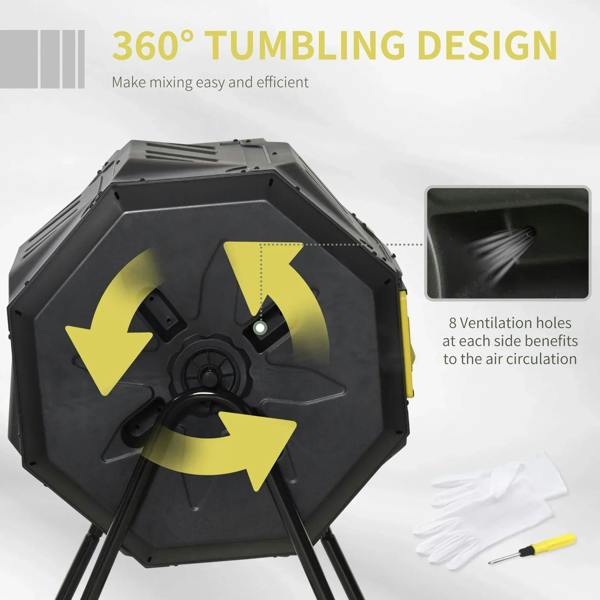 Rotating dual-chamber composter with yellow access doors and top ventilation holes