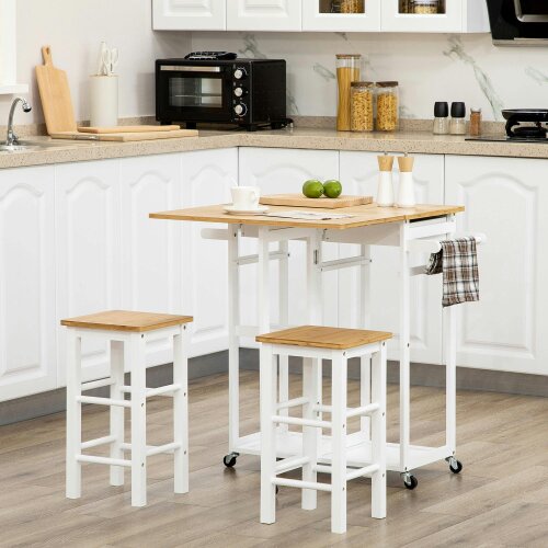 Wyld Haus Elvami Vafa Wooden White Kitchen Island Set With 2 Stools Drop Leaf Top Drawers And Towel Rack