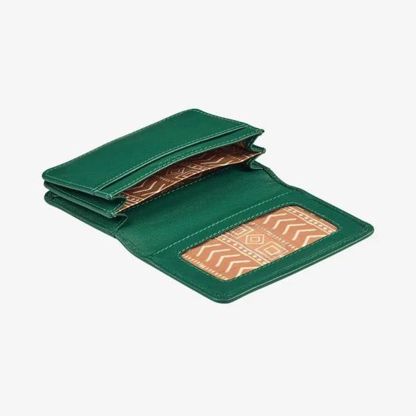 Green real leather card holder for women with ID window 