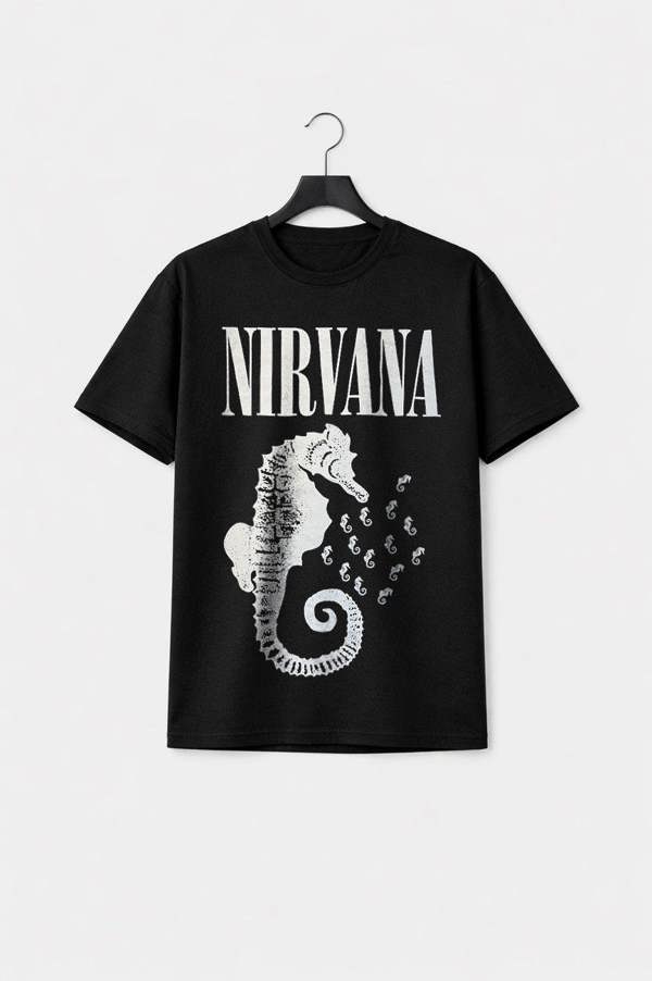 Nirvana Seahorse And Logo Mono Premium Carbon Finish T Shirt
