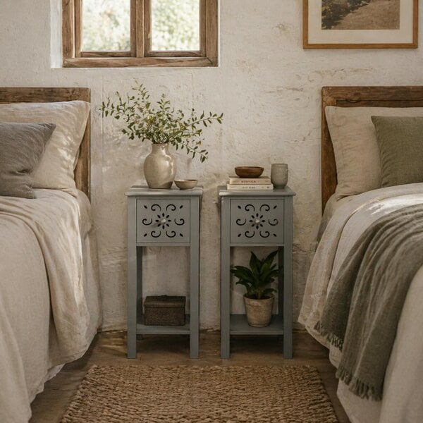 Wyld Haus Elne Set Of 2 Grey Wooden Floral Cut Out Accent Side Tables
