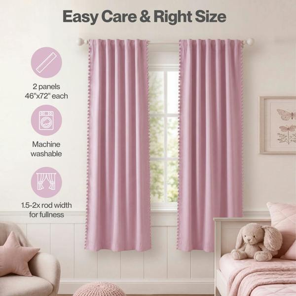 Marlow Pink Pom Pom Curtains for Nursery & Baby Girls Room 46"x72"  2 Panels