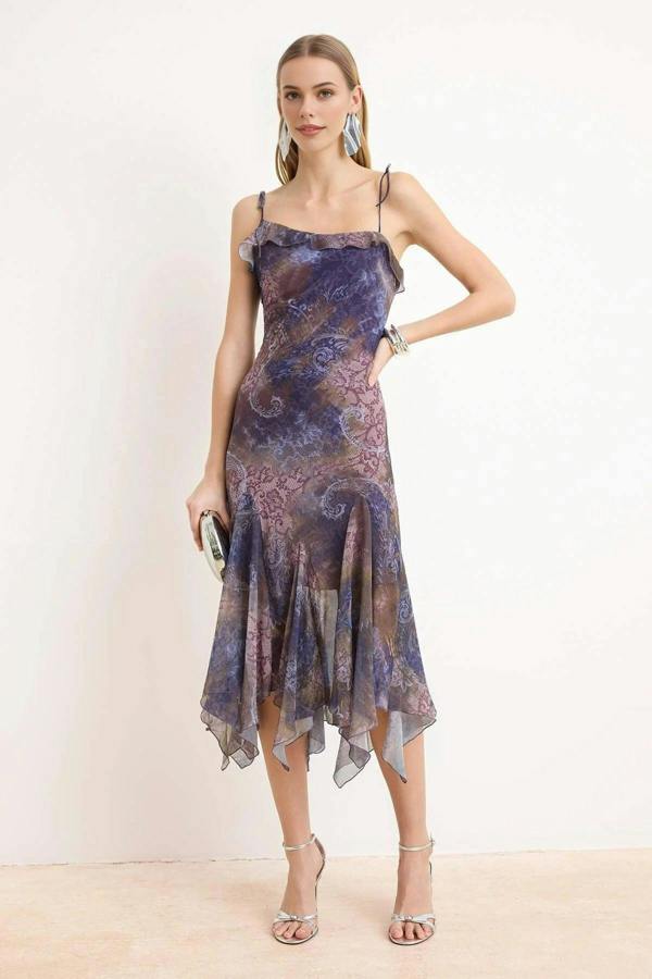WOVCOR Abstract Pattern Chiffon Midi Lined Party Dress