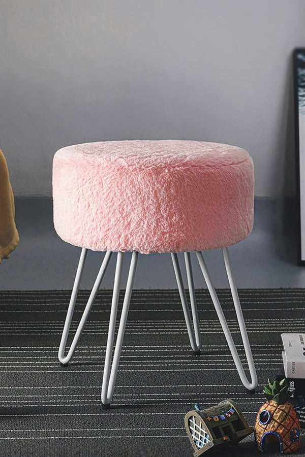 Living and Home Soft Fluffy Pink Low Chair Dressing Footstool with Metal Leg
