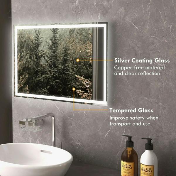 Tempered LED bathroom mirror with silver-coated glass and protective frame