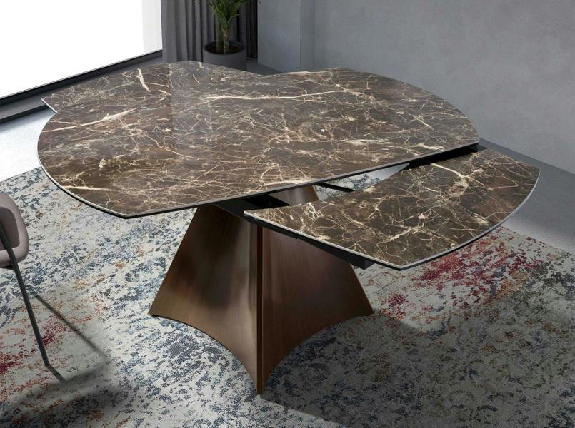 Angel Cerdá Oval Barrel porcelain marble and walnut effect steel extending dining table 1113