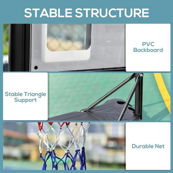 Black basketball hoop stand with PVC backboard and reinforced support