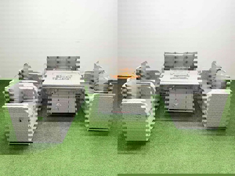 Fimous PE Rattan Garden Furniture Set Reclining Chair Sofa Double Love Seat 2 Seater Sofa Lounge Set Fire Pit Dining Table Light Grey