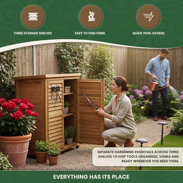 Wooden Tool Shed Storage Cabinet Natural, Outdoor Garden Storage with Felted Roof, Louvred Double Doors, 3 Shelves