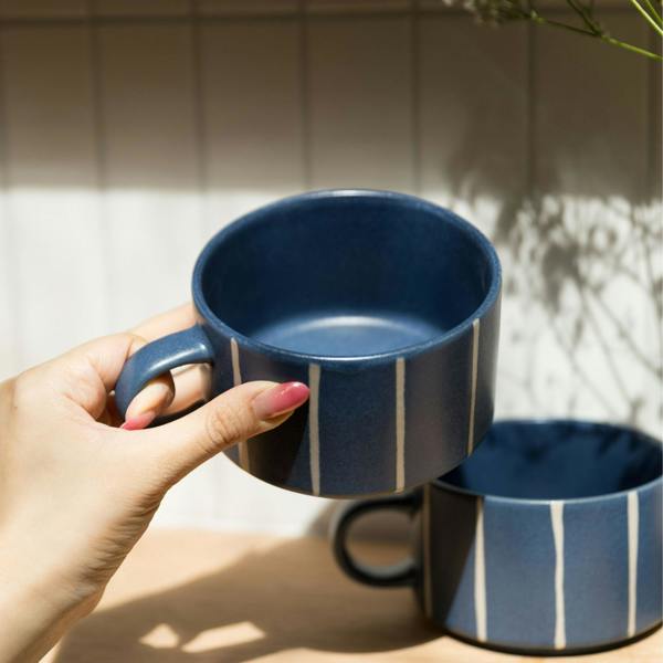 Scandi Home Luna Ceramic Coffee Mugs, Set of 2, 520ml, Navy Blue Striped Reactive Glaze