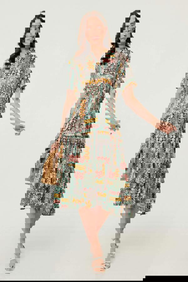 Sage | Abstract Short Sleeve Tie Midi Dress