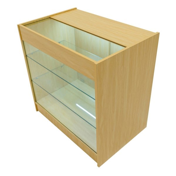 Maple LED shop counter set with glass shelves, sleek design, and illuminated interior, ideal for displaying products elegantly