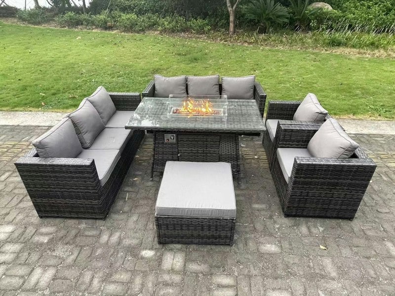 Fimous 9 Seater Outdoor PE Rattan Garden Furniture Set Gas Fire Pit Dining Table Gas Heater Burner With Sofa Armchairs Big Footstool Dark Grey Mixed
