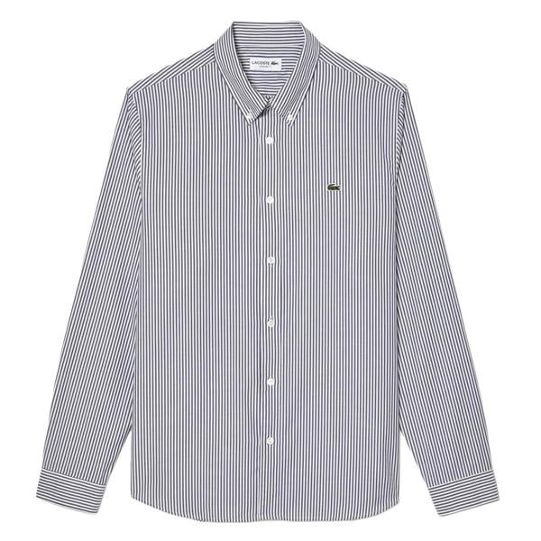Lacoste Mens Striped Cotton Regular Shirt - White/Navy - 