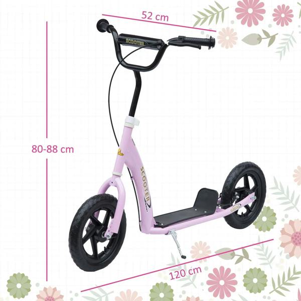Pink kids kick scooter with black handlebars and large 12-inch wheels