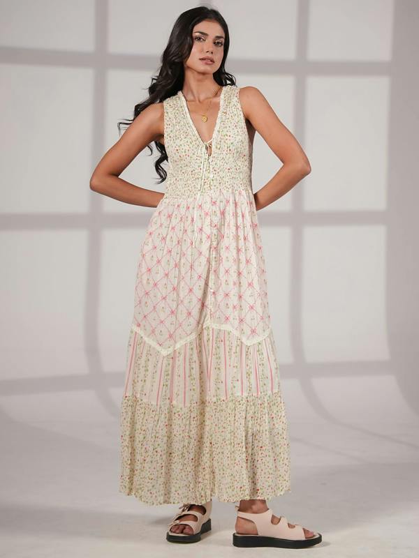 Rose & Nancy Iris Strawberry Print Mix Cotton Crinkle Maxi Dress