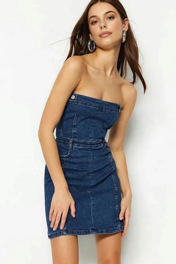 WOVCOR Button Detail Elastic Strapless Mini Denim Dress
