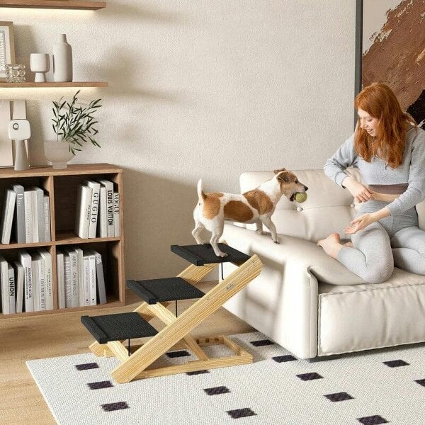 Adjustable Dog Steps Dog Ramp, 3-Step Non-slip Pet Stairs for Medium Sized Dogs, Foldable Dog Stairs for Bed Sofa - Natural wood finish