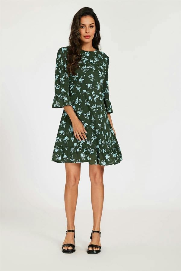 FS Collection Floral Print Frill Detail Mini Dress In Green