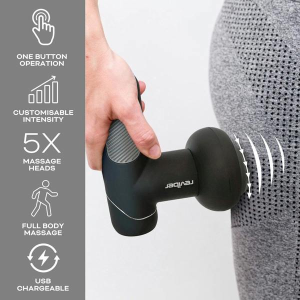 A person uses the Reviber Active Relief Shiatsu Massager by Reviber on their thigh. Infographic icons highlight one-button control, adjustable intensity, five massage heads, USB charging, and full-body deep tissue relief.
