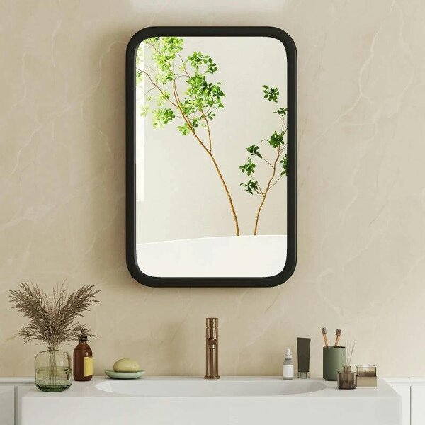 Bathroom Wall Cabinet with Tempered Mirror Metal Bathroom Mirror Cabinet with 3 Shelves Black