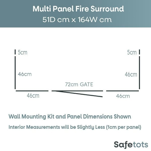 Safetots Multi Panel Fire Surround, 51cm Deep x 164cm Wide, Grey, 70cm Tall, Child and Pet Safety, Baby and Toddler Fire Guard