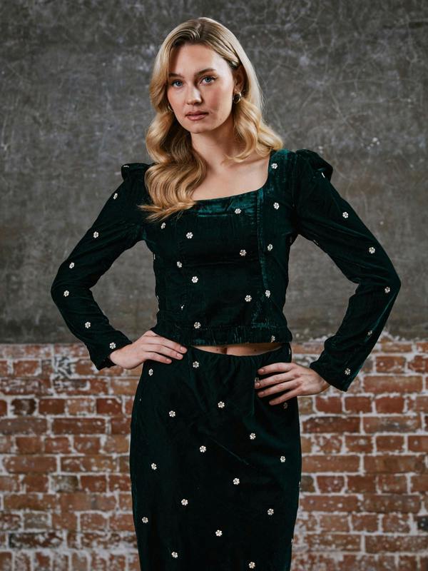 Rose & Nancy Mila Green Velvet Embroidered Skirt