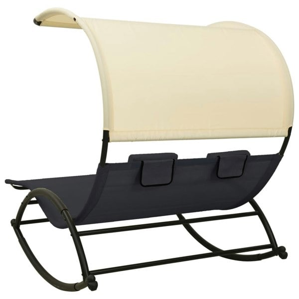 Berkfield Double Sun Lounger with Canopy Textilene Black and Cream
