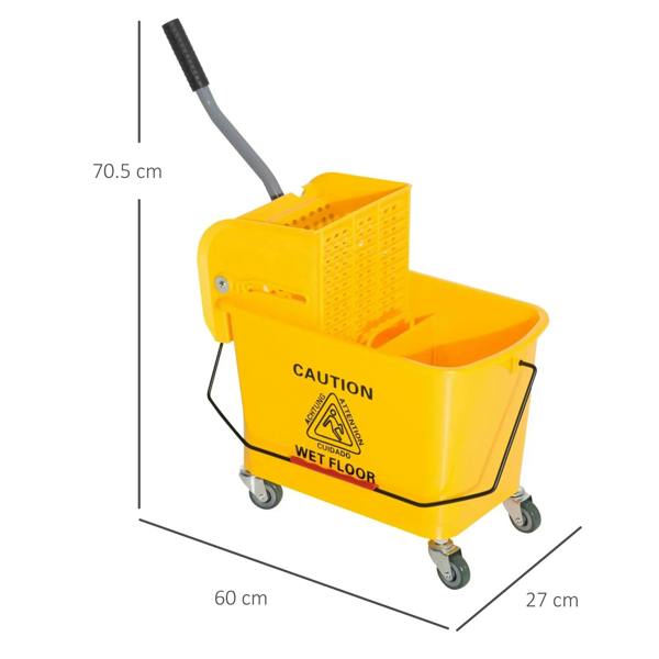 Yellow mop bucket on wheels with measurements shown and caution wet floor label
