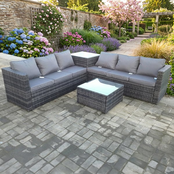 Fimous 6 Seater Rattan Outdoor Garden Furniture Set with Corner Sofa & 2 Tables - Dark Mixed Grey