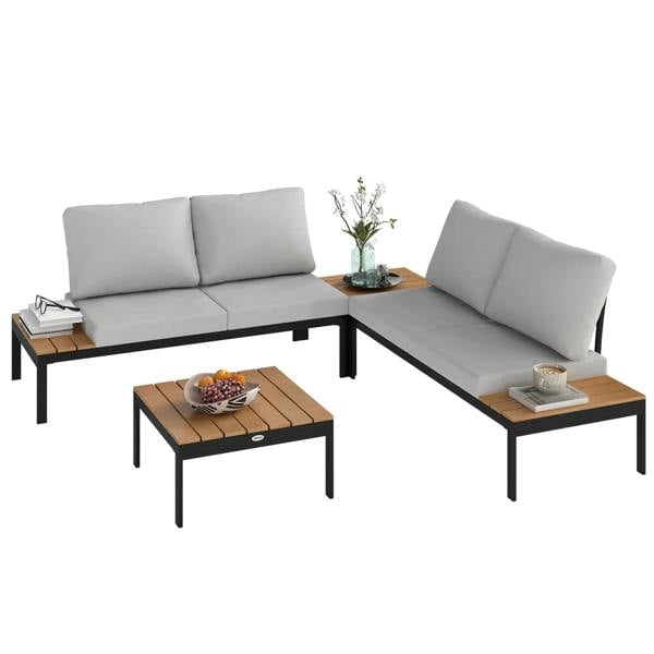 Wyld Haus Matuki Wood Teak 4 Seater Garden Corner Sofa Set With 2 Coffee Tables