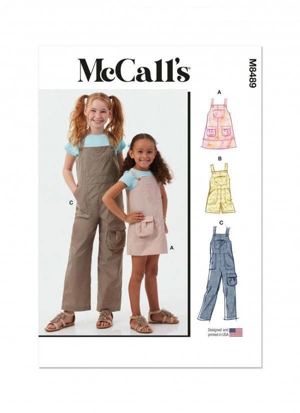 McCalls 8489 Paper Sewing Pattern – Kids' Pinafore, Dress & Dungarees, Intermediate