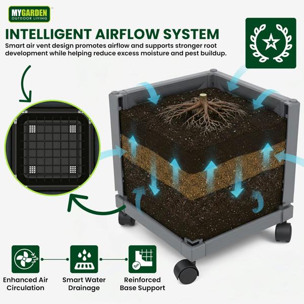 My Garden Outdoor Living My Garden Square Planter with Wheels - Rattan Style Plastic Garden Planter Pot for Indoor & Outdoor Use with Air Vent