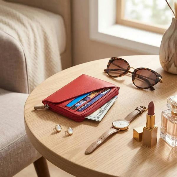 Red wallet with cards, sunglasses, watch, lipstick, and perfume on a wooden table.