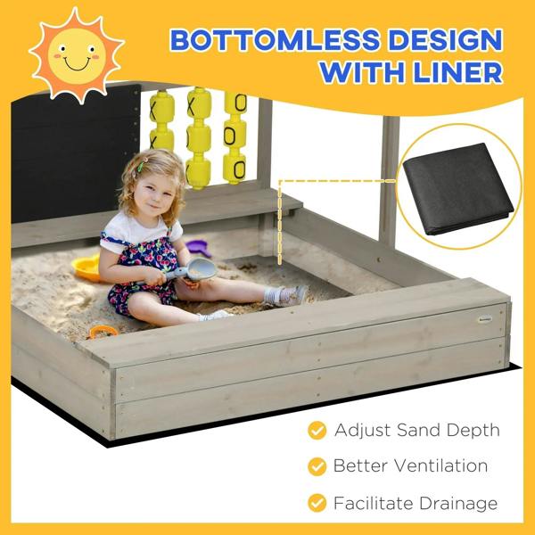 Grey wooden sandbox with liner, adjustable sand depth features, and child playing