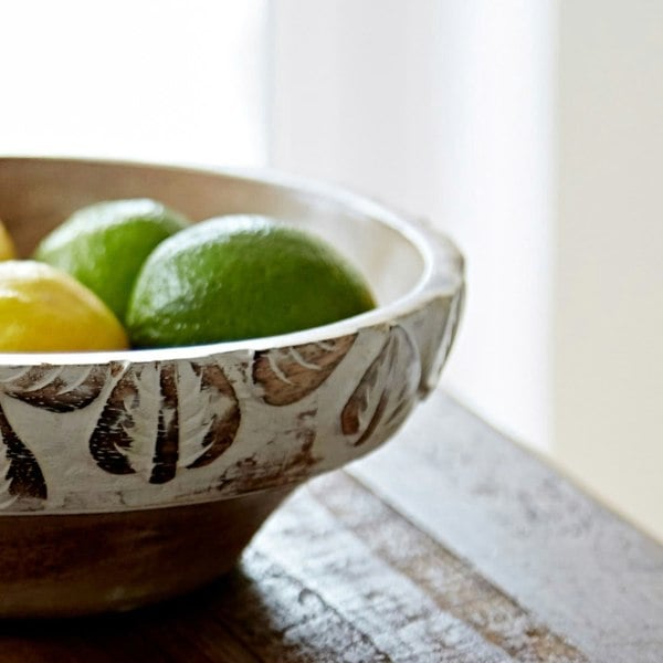 Paper High Antique White Leaf Design Mango Wood Bowl